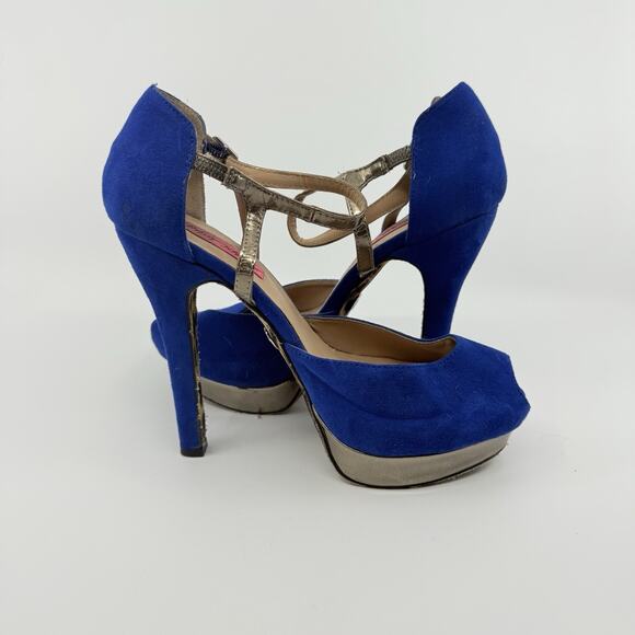 Betsey Johnson Sabine Blue Suede Heels Leopard Sole Size 7.5 Peep Toe Platform - Picture 6 of 9